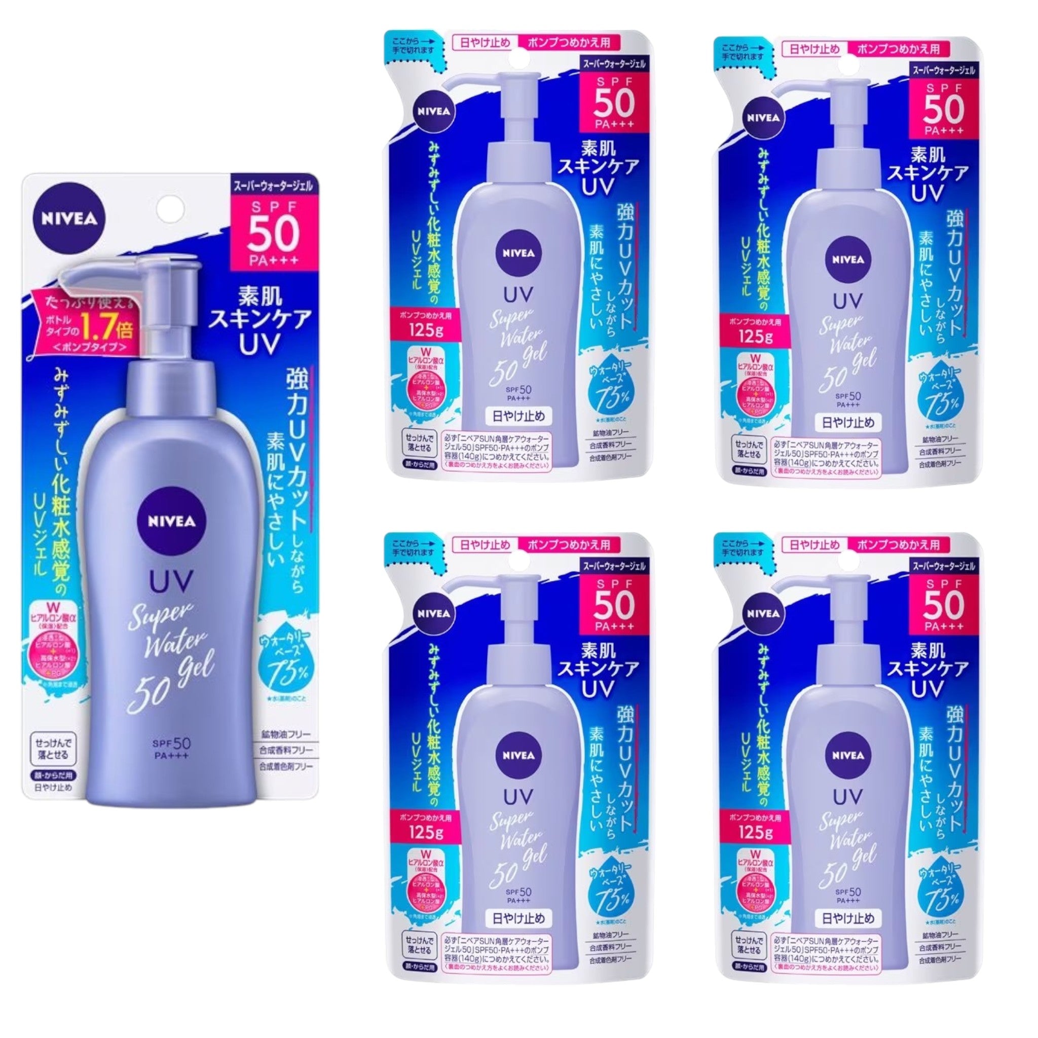 Nivea UV Water Gel SPF50 PA+++ 140g Pump + 125g Refill (4 Packs)