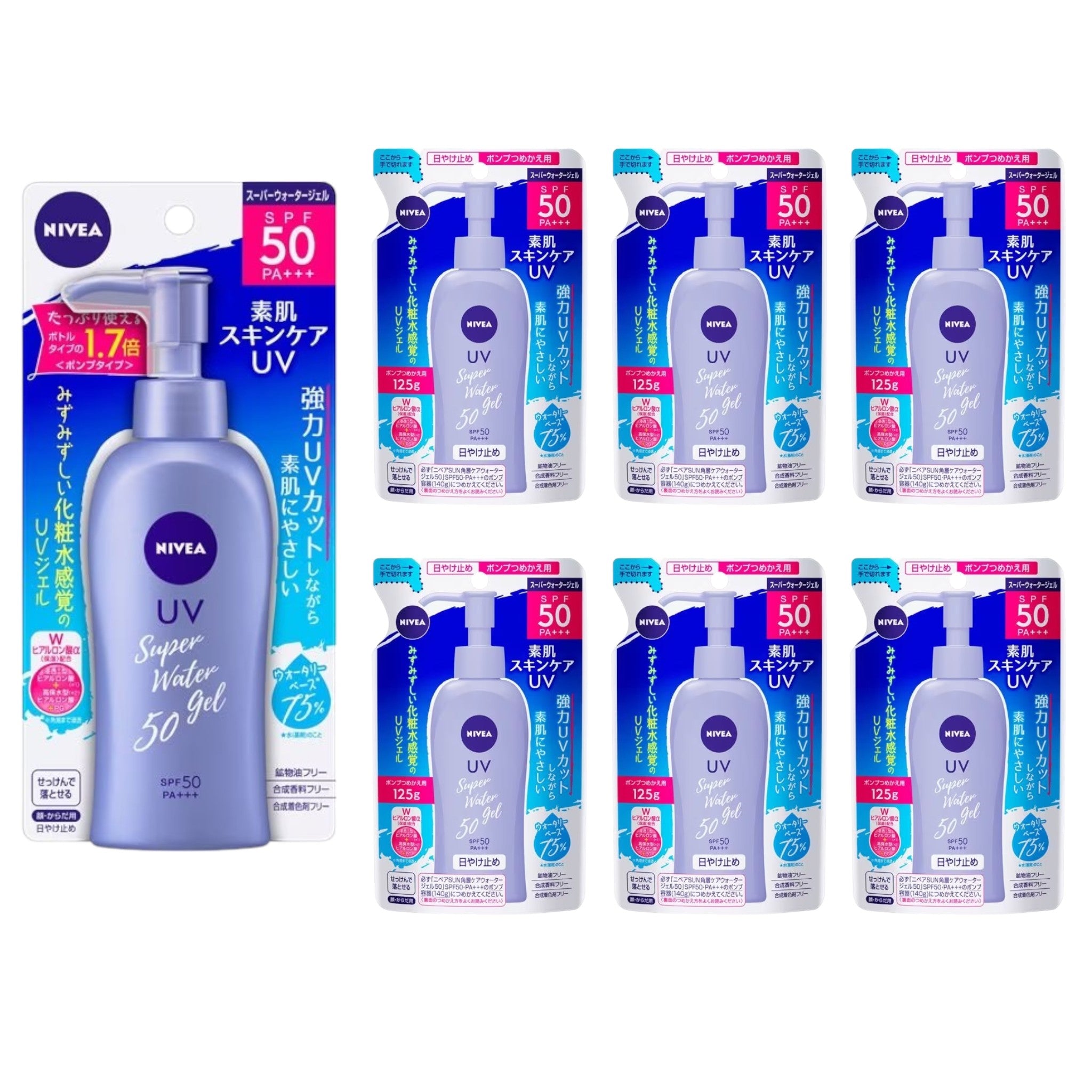 Nivea UV Water Gel SPF50 PA+++ 140g Pump + 125g Refill (6 Packs)